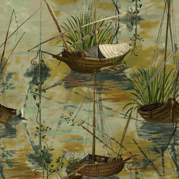 Moored Boats behang-Mind the Gap-wallpaper-tapete-Green Bay-300 cm (standaard)-Selected-Wallpapers-Interiors