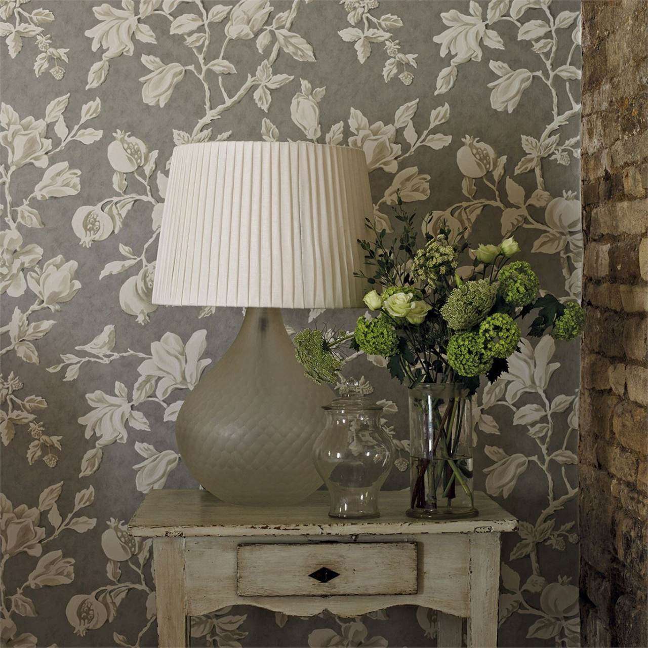 Floral pomegranate print wallpaper in light blue and brown