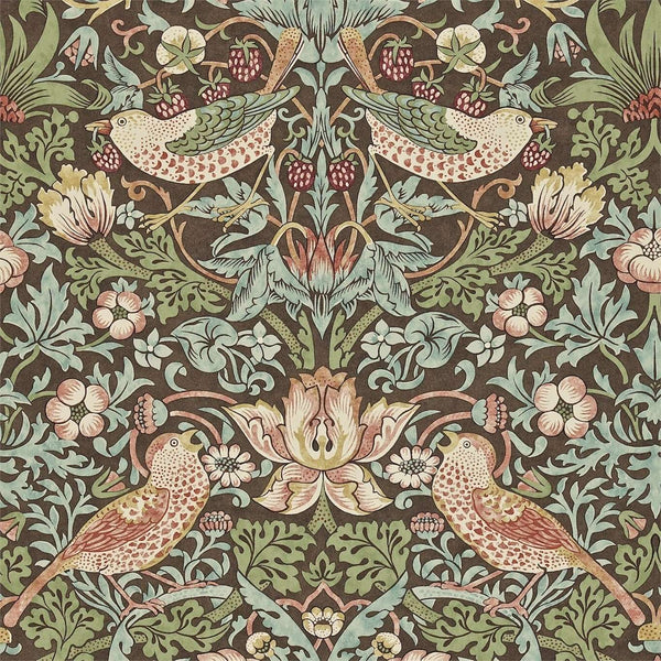 Strawberry Thief-behang-Tapete-Morris & Co-Chocolate/Slate-Rol-212565-Selected Wallpapers